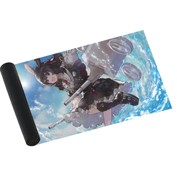 Playmat: Oshi Push - PreDebut Shippa - Gaming playmat with anime-style characters in black outfits against a blue sky and water background.