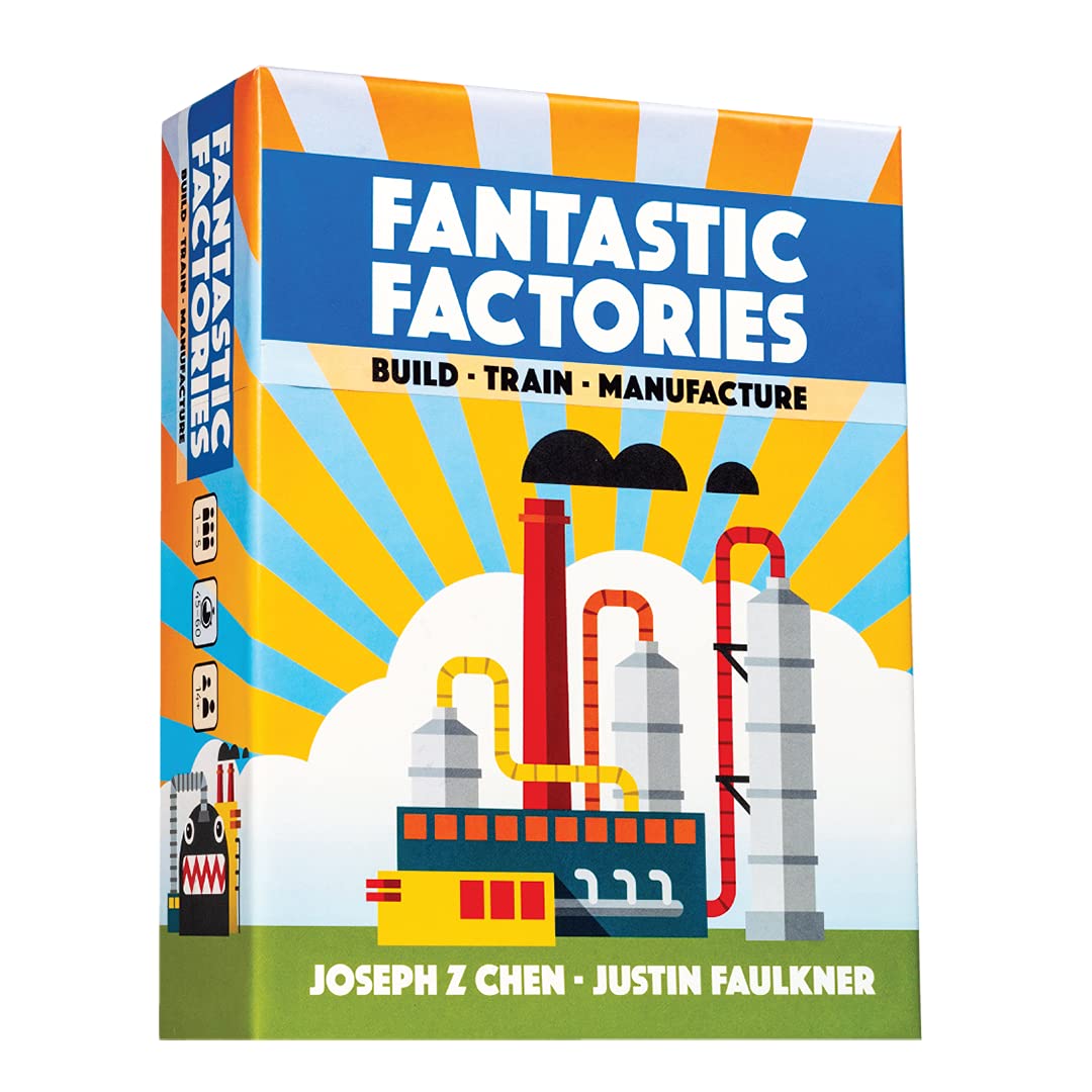 Fantastic Factories - Fantastic Factories board game box with colorful factory illustration and bold white text on blue and yellow background.