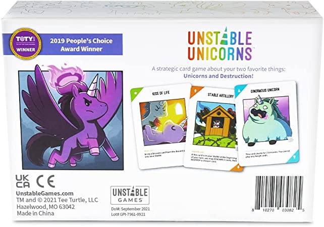 Unstable Unicorns - Unstable Unicorns card game box with fantasy unicorn illustrations and colorful game cards visible.