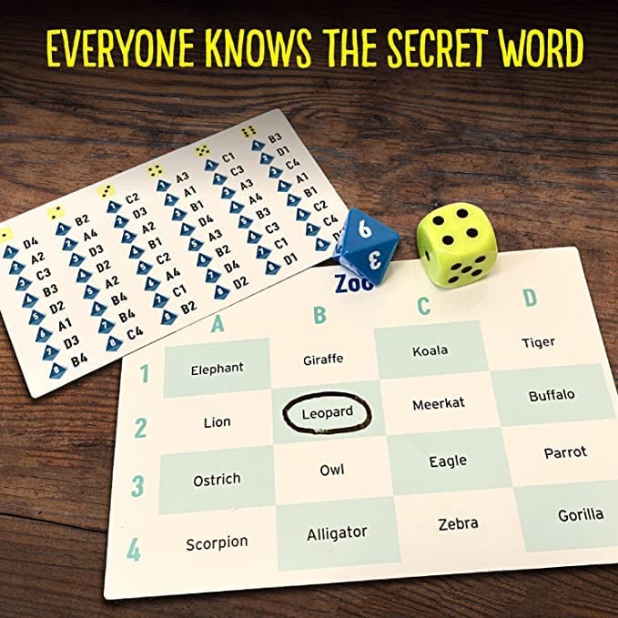 The Chameleon - The Chameleon party game cards with secret words and blue and yellow dice on a wooden table.