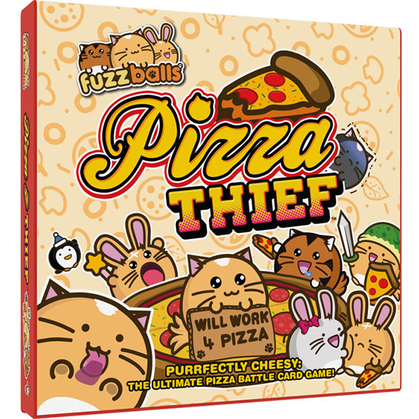Fuzzballs: Pizza Thief (PREORDER) - Card game box featuring cartoon animals holding pizza slices with playful, colorful lettering on beige background.