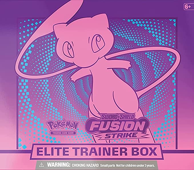 Pokémon Fusion Strike Elite Trainer Box - Pokémon Fusion Strike Elite Trainer Box with pink Mew illustration and holographic blue dots background.