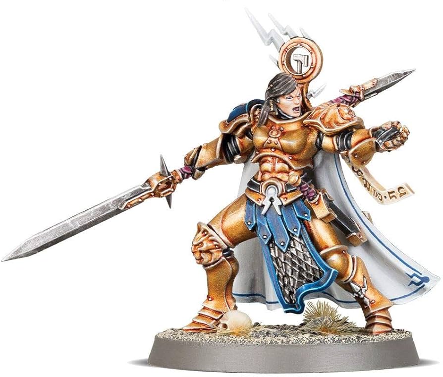 Warhammer Age of Sigmar - Stormcast Eternals Knight - Questor Larissa Shadowstalker - Gold and silver armored warrior mini with blue cape, spear, and sword on rocky base.