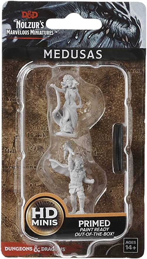 D&D: Nolzur's Marvelous Minis: Medusas W4 - Two unpainted Medusa miniatures in gray plastic, one standing and one crouching, inside clear blister packaging with D&D.