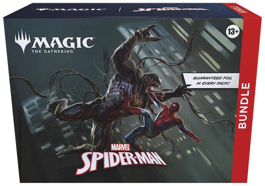 Magic: The Gathering - Marvel's Spider-Man - Bundle - The Gathering bundle box featuring Marvel's Spider-Man artwork in black and red, with Spider-Man swinging through a rainy.