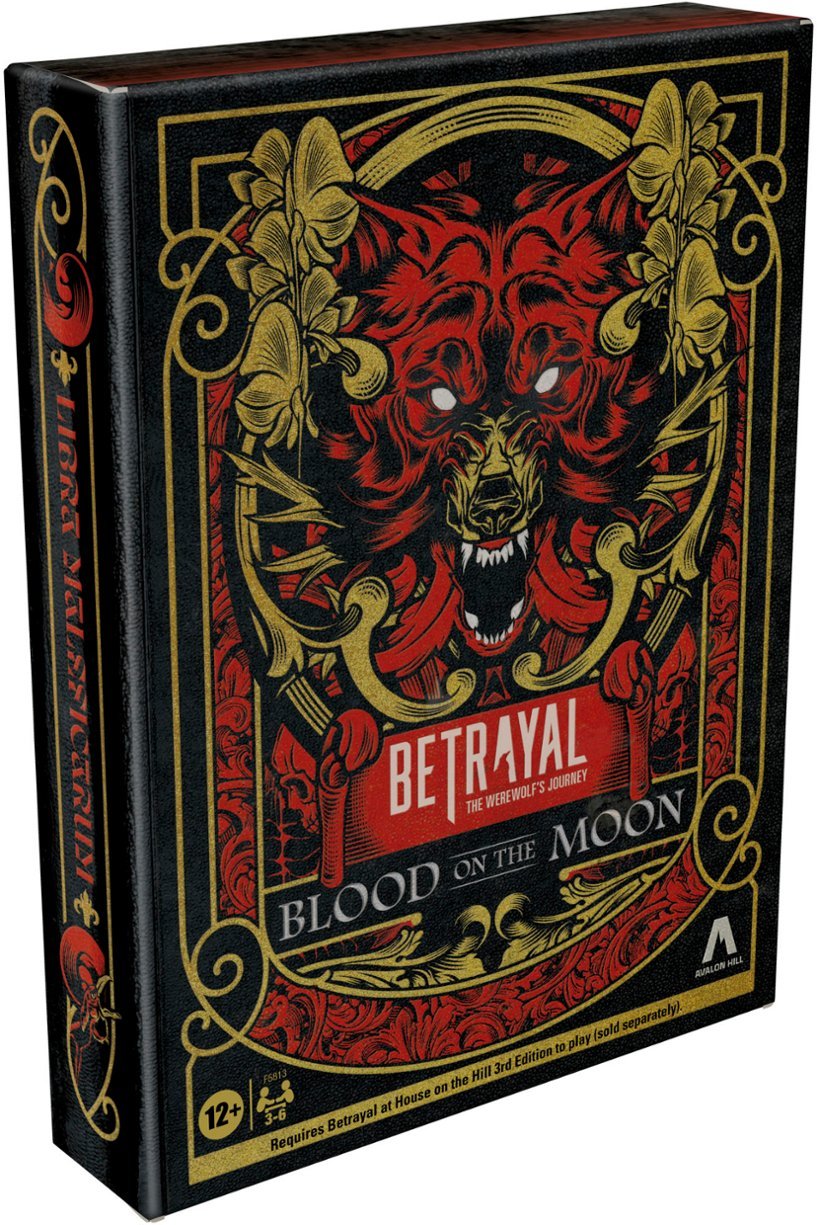 Betrayal 3E: The Werewolf's Journey Exp - Betrayal 3E expansion box with red werewolf face and gold floral details on black background.
