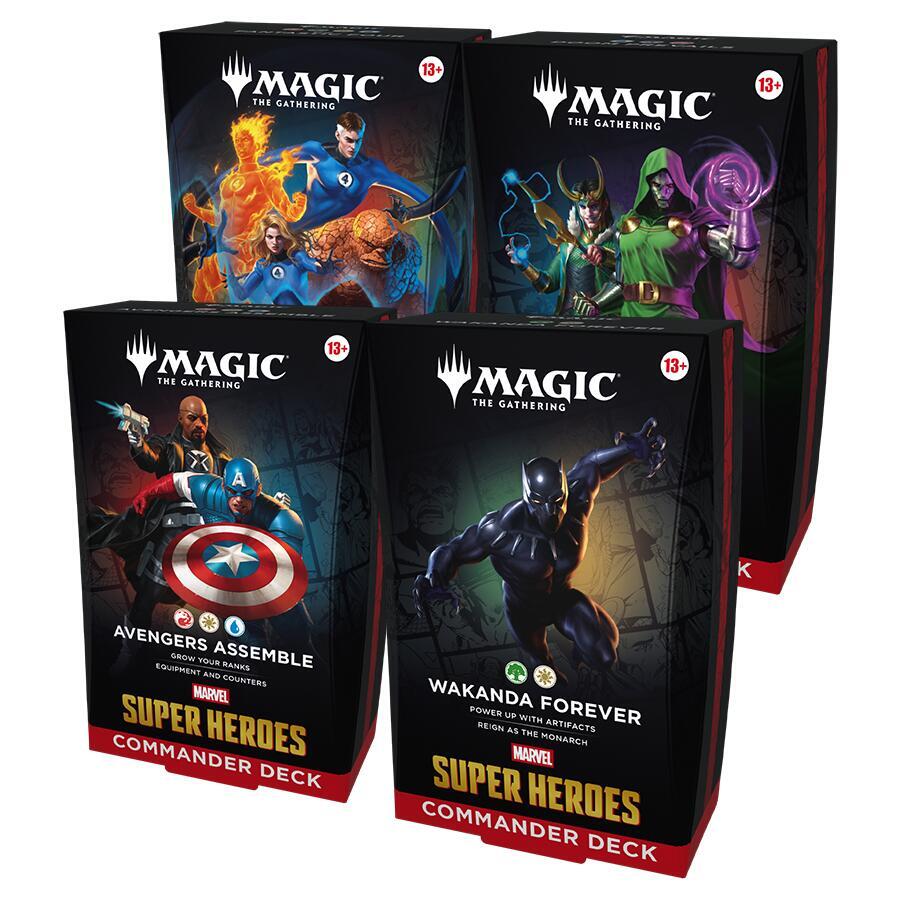Magic: The Gathering - Marvel Super Heroes - Commander Deck 4-Pack (PREORDER) - The Gathering commander decks featuring Marvel superheroes, each box with vibrant artwork of characters like Captain America