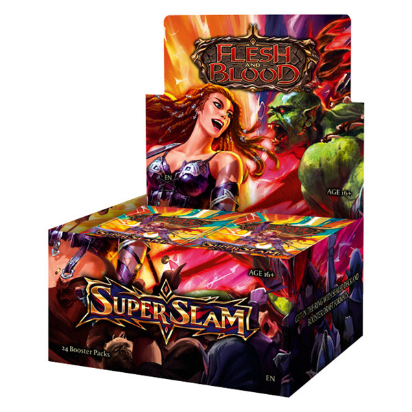 Flesh and Blood TCG: Super Slam Booster Display - Colorful cardboard display box for Flesh and Blood Super Slam TCG boosters featuring dynamic fantasy artwork with a female.