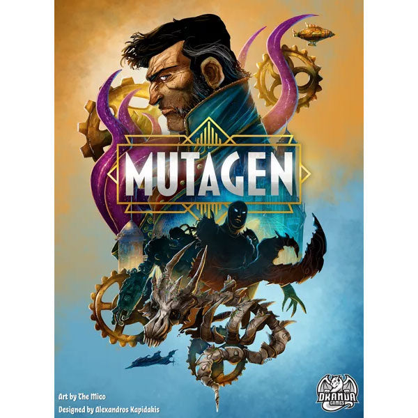 Mutagen: Base Game - Game box cover with a rugged man, purple tentacles, and mechanical gears in a fantasy steampunk style.