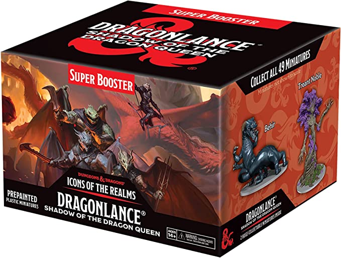 D&D Icons of The Realms: Dragonlance: Shadow of the Dragon Queen Booster - D&D Icons of the Realms Dragonlance Shadow of the Dragon Queen Super Booster box with fantasy dragon artwork and miniatures.