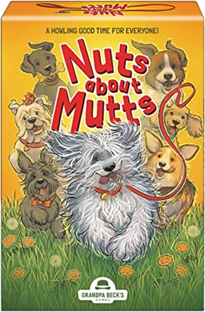 Nuts About Mutts - Nuts About Mutts card game box featuring illustrated playful dogs on green grass with orange background.
