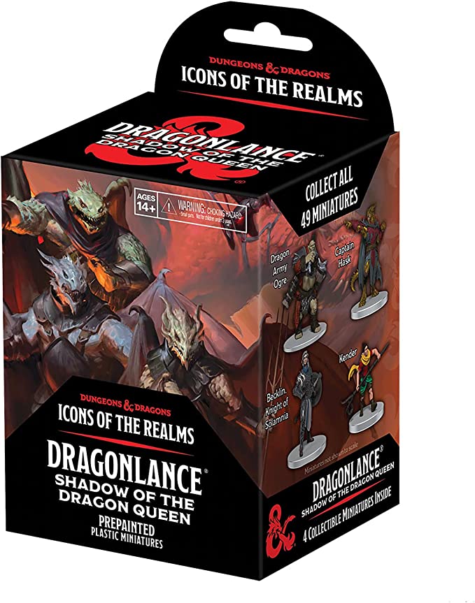 D&D Icons of The Realms: Dragonlance: Shadow of the Dragon Queen Booster - D&D Icons of the Realms Dragonlance Shadow of the Dragon Queen booster box with fantasy dragon and character miniatures.