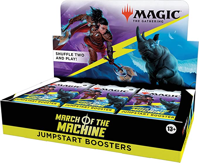 Magic: the Gathering: March of the Machines - Jumpstart Booster Box - The Gathering March of the Machines Jumpstart booster box with artwork of a warrior and mechanical creature on colorful.