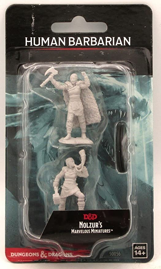 D&D: Nolzur's Marvelous Minis: Female Human Barbarian - Unpainted female human barbarian miniature wielding an axe and sword, from D&D Nolzur's Marvelous Miniatures packaging.