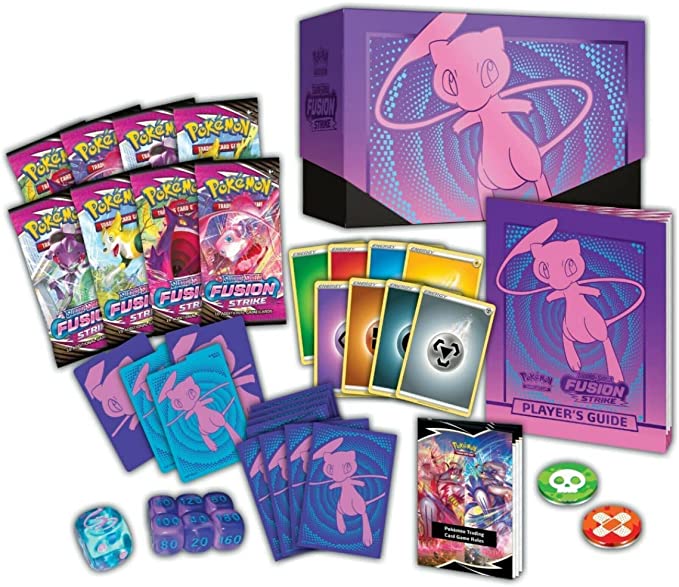 Pokémon Fusion Strike Elite Trainer Box - Pokémon Fusion Strike Elite Trainer Box with purple Mew-themed box, booster packs, dice, counters, cards, and player guide.