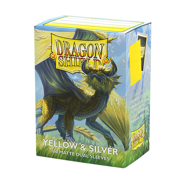 Dragon Shield Dual Sleeves 100ct Box - Matte Yellow & Silver (PREORDER) - Box of 100 matte yellow and silver card sleeves with dragon artwork on packaging.