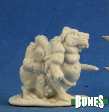Packrat - Unpainted white resin miniature of a rotund humanoid rat carrying a large detailed backpack and wearing armor pieces.