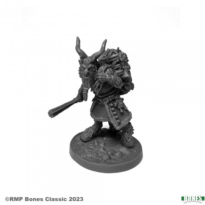 Krampus - Gray plastic fantasy miniature of Krampus with horns, chains, and a club, standing on a textured base.