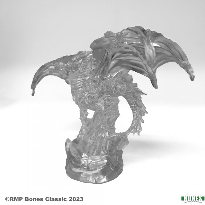 Gem Dragon - Translucent gray resin dragon figurine with spread wings, perched on rocky base.