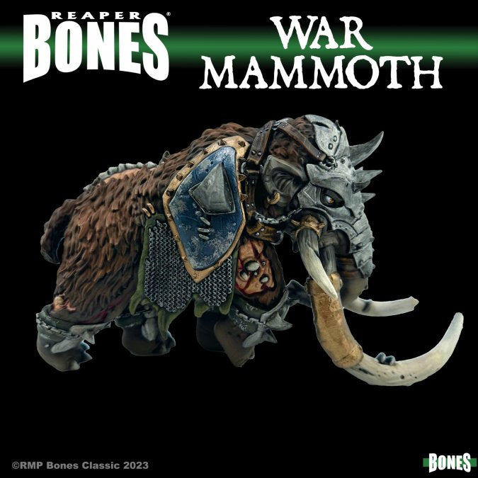 War Mammoth - Armored fantasy war mammoth miniature with brown fur, metal plating, large curved tusks, and battle gear accents.