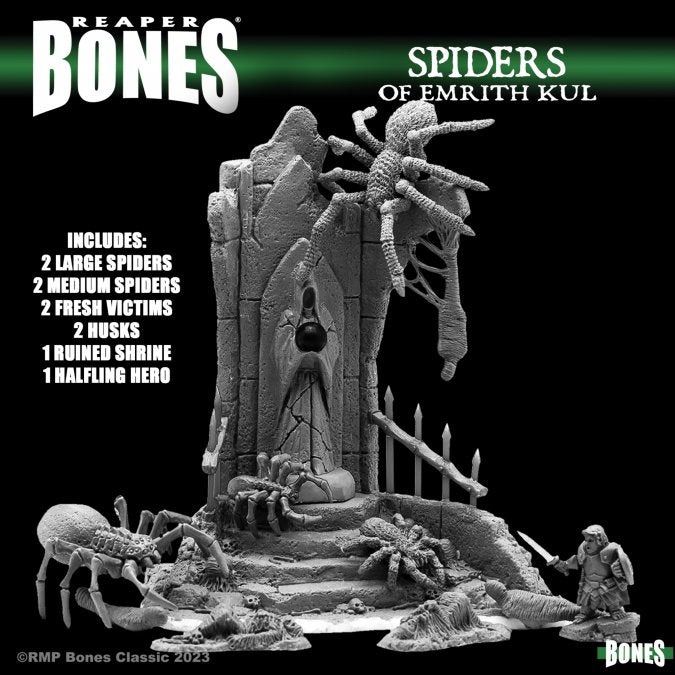 The Spiders of Emrith Kul - Gray resin miniature set featuring multiple spiders, ruined shrine, spider webs, and a small halfling figure for fantasy.