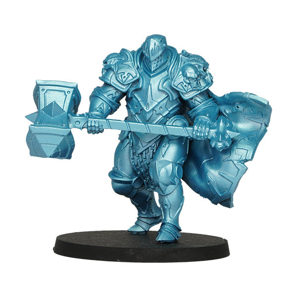 Vallejo True Metallic Metal Light: Hydra Turquoise (18ml) - Blue metallic-painted knight miniature holding a large hammer, standing on a black round base.