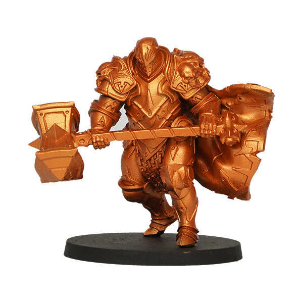 Vallejo True Metallic Metal Light: Forged Red (18ml) - Metallic red-painted fantasy warrior miniature holding a large hammer and shield on a black base.