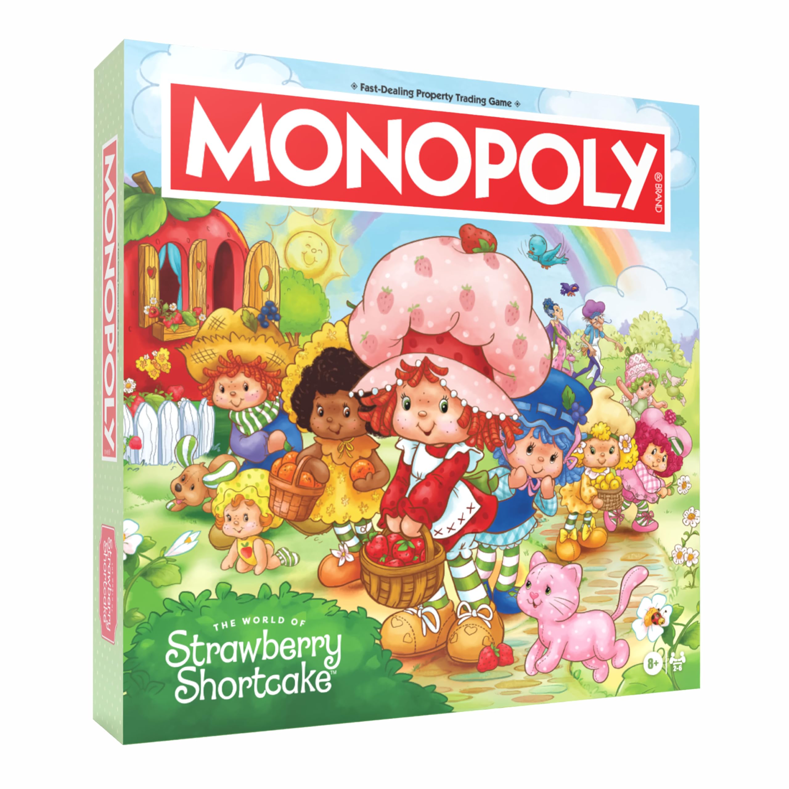 Monopoly: Strawberry Shortcake - Colorful Monopoly board game box featuring Strawberry Shortcake characters in a bright, whimsical garden setting.