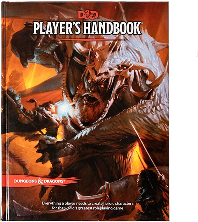 D&D 5E: Player's Handbook - Dungeons & Dragons Player's Handbook with fiery dragon and armored warrior on orange-red cover.