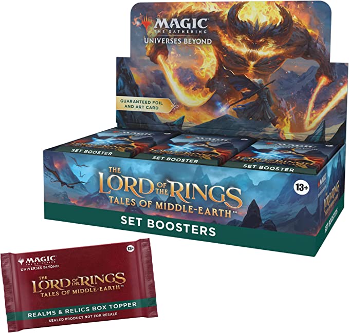 Magic: The Gathering - Lord of the Rings: Tales of Middle-Earth Set Booster Box - The Gathering Lord of the Rings Tales of Middle-Earth set booster box with fiery Balrog artwork and accompanying red Realm & .