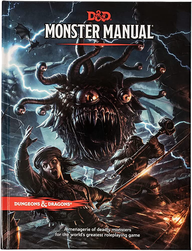D&D 5E: Monster Manual - Dark floating beholder creature with multiple eye stalks and sharp teeth attacking two armed adventurers in stormy fantasy.