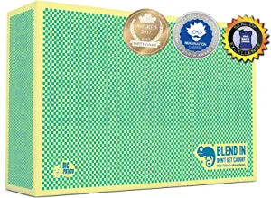 The Chameleon - The Chameleon party game box with green and blue checkered pattern and award badges on top right corner.