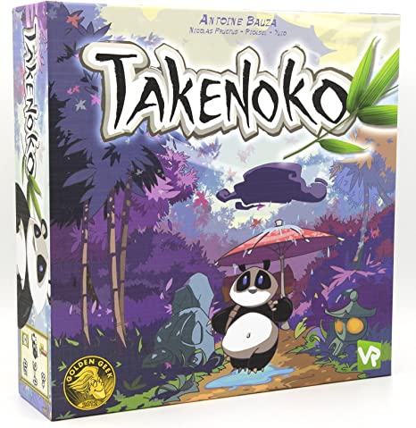 Takenoko - Takenoko board game box with panda holding pink umbrella in colorful bamboo forest illustration.