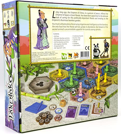 Takenoko - Colorful family board game box with bamboo-themed game pieces and illustrated instructions on the back.