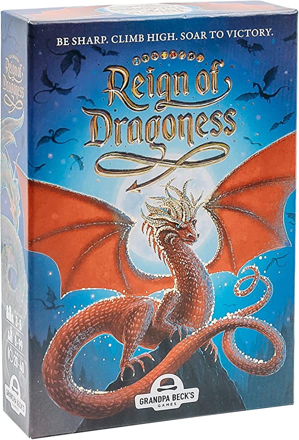 Reign of Dragoness - Reign of Dragoness card game box with fiery red dragon and blue sky background.