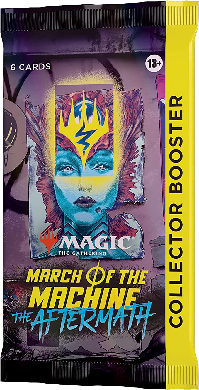 Magic: the Gathering - March of the Machine The Aftermath Collector Booster - The Gathering March of the Machine The Aftermath Collector Booster pack with blue-faced character artwork on purple packaging.
