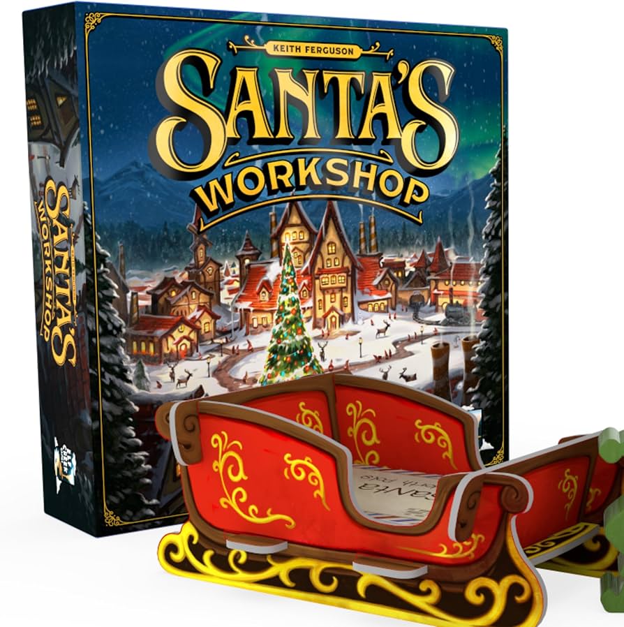 Santa's Workshop - Santa’s Workshop board game box with snowy village scene and red decorative sleigh game piece in front.