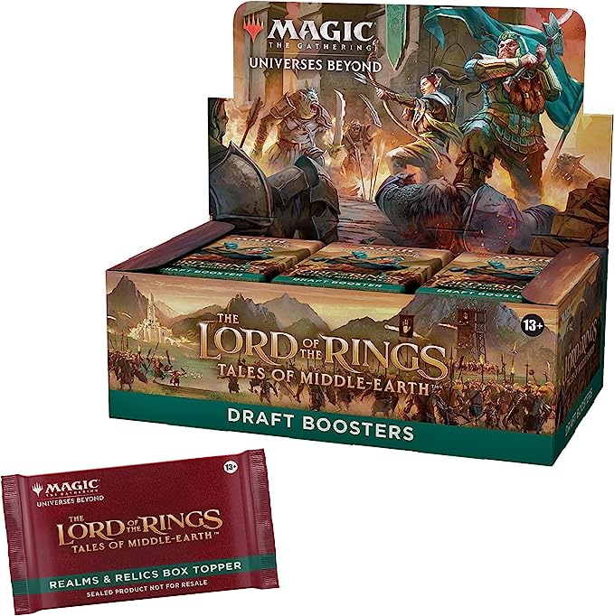 Magic: The Gathering - Lord of the Rings: Tales of Middle-Earth Draft Booster Box - The Gathering Lord of the Rings Tales of Middle-Earth Draft Booster box with themed booster pack topper in green and red.