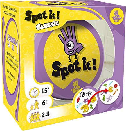 Spot It: Classic - Spot It! Classic dexterity game in a yellow and purple circular tin with matching box packaging.