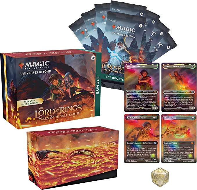 Magic: The Gathering - Lord of the Rings: Tales of Middle-Earth Bundle - The Gathering Lord of the Rings Tales of Middle-Earth Bundle with booster packs, themed deck box, four cards, and a gold D20 .