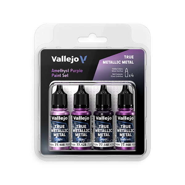 Vallejo True Metallic Metal Set: Amethyst Purple (4 Color Set), 18 ml. - Set of four 18ml Vallejo True Metallic Amethyst Purple paint bottles with black caps in clear plastic packaging.