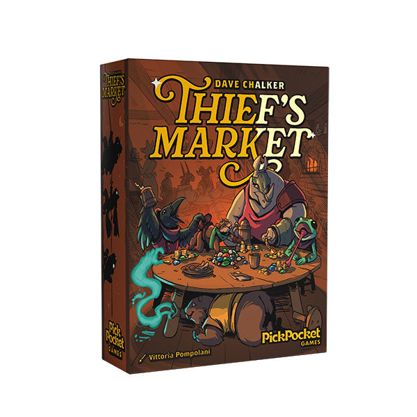 Thief's Market (PREORDER) - Dark brown box with yellow "Thief's Market" title, featuring fantasy creatures around a round table playing cards.