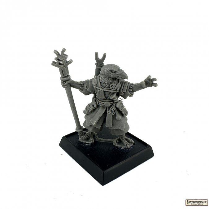 Korakai, Iconic Oracle - Gray detailed miniature figurine of a robed, beaked mask-wearing character holding a staff, standing on a black square base.