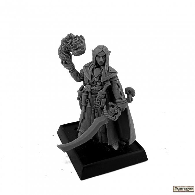 Seltyiel, Iconic Magus - Gray miniature figure of a hooded magus holding a staff with swirling energy and a curved sword on a square base.