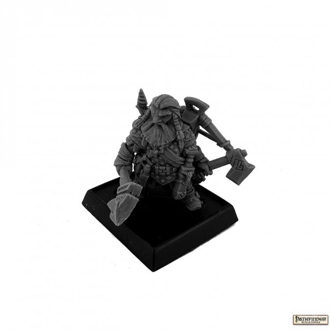Harsk, Iconic Ranger - Black miniature figurine of a heavily armored dwarf ranger holding an axe and hammer, standing on a square base.