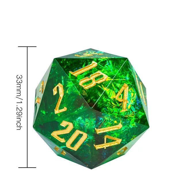 33mm Green Shimmer D20 - 33mm green shimmer d20 dice with gold numbering and a translucent marbled finish.