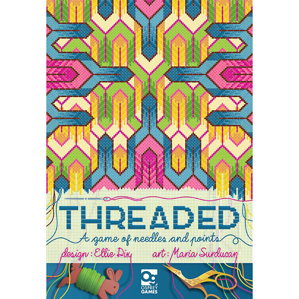 Threaded (PREORDER) - Colorful geometric pattern with interlocking shapes in yellow, pink, blue, and green, labeled Threaded board game box.