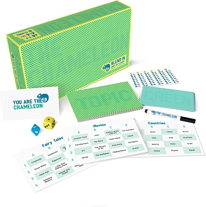 The Chameleon - The Chameleon party game set with green patterned cards, question cards, a yellow and blue die, a dry erase marker, and a.