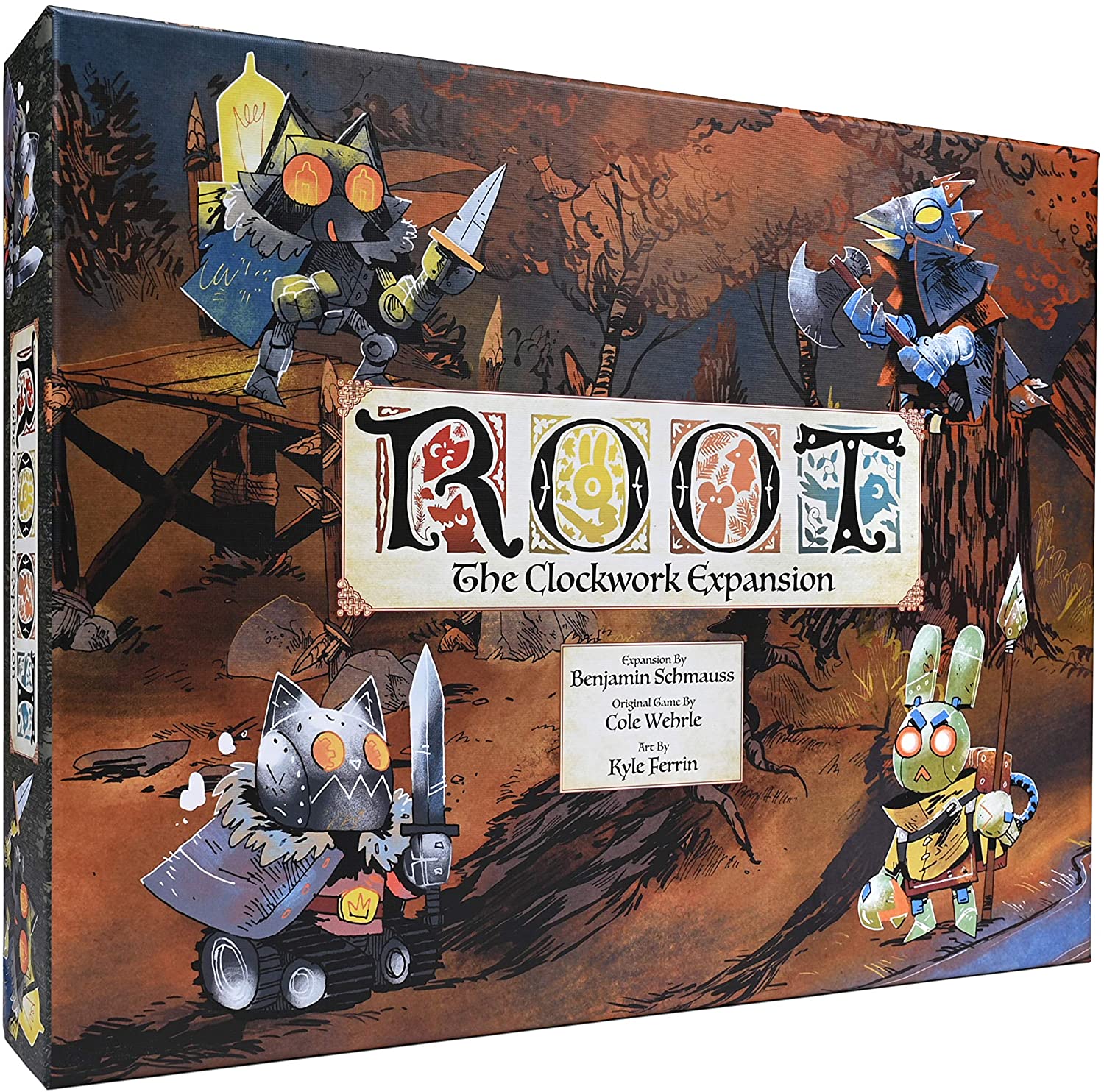 Root: Clockwork Expansion - The Clockwork Expansion board game box with illustrated mechanical animal characters and stylized title logo.