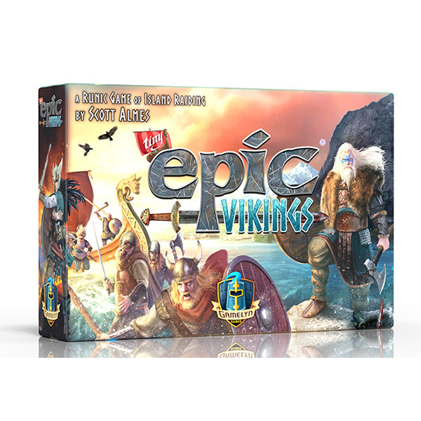 Tiny Epic Vikings (PREORDER) - Tiny Epic Vikings board game box featuring Viking warriors, ship, and icy landscape in vibrant colors.